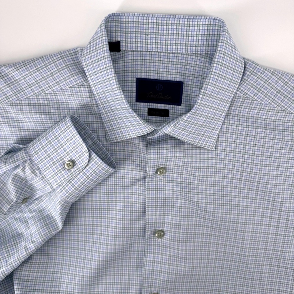 David Donahue Button Dress Shirt Sz 17 34/35 Blue Green Reg Fit Tattersall Check
